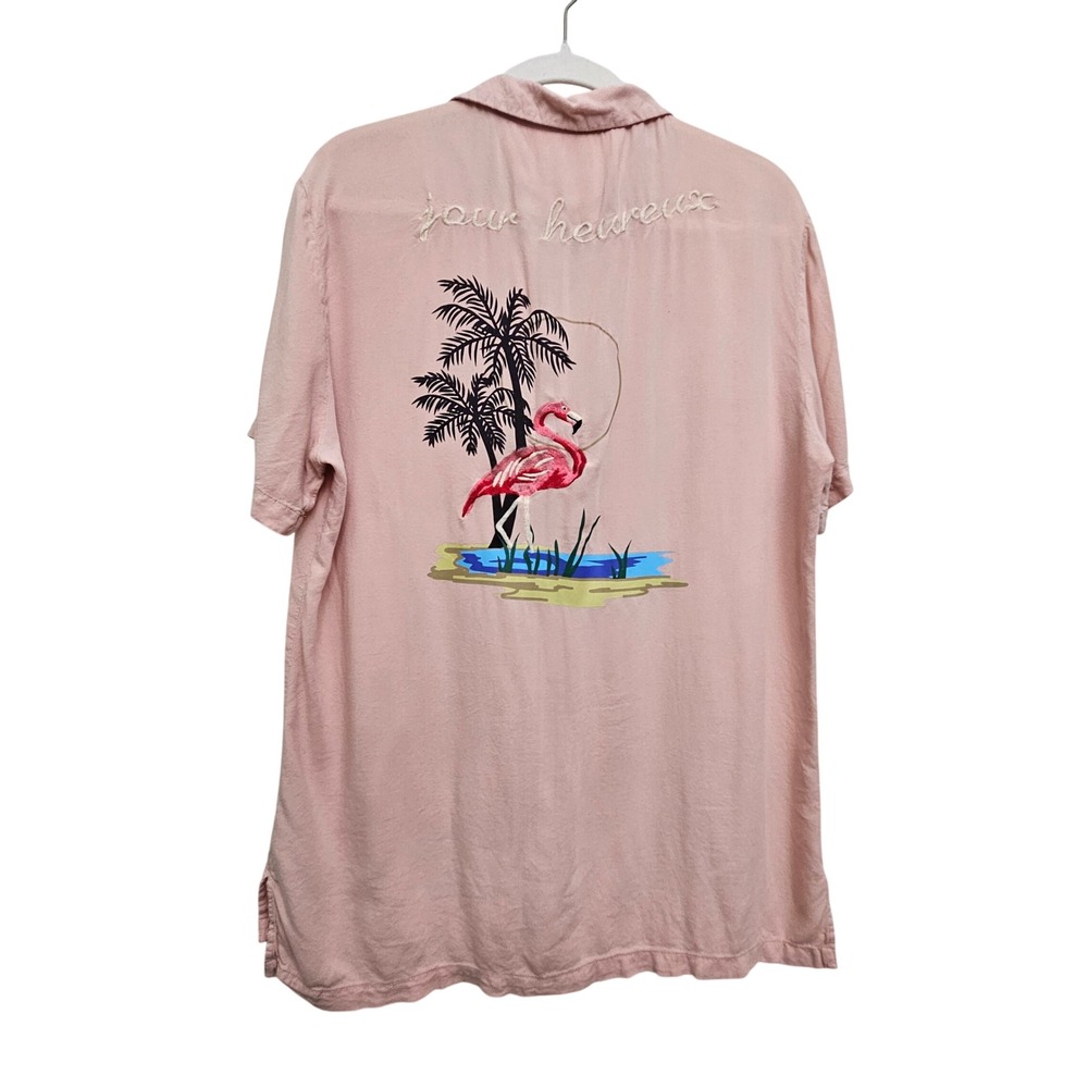 Zara Button Down Shirt Men M Pink Flamingo Embroidered Slim Fit Tropical Summer